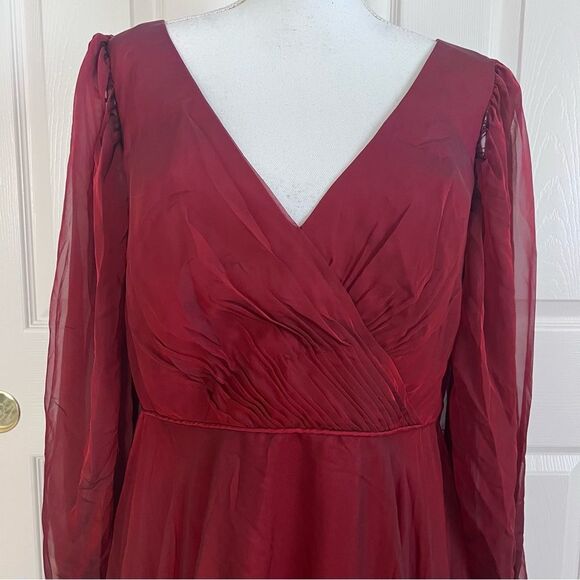 Mac Duggal Deep Garnet Sheer Blouson Sleeve Surplice Gown Size 12 NEW MSRP $398 - Picture 4 of 9